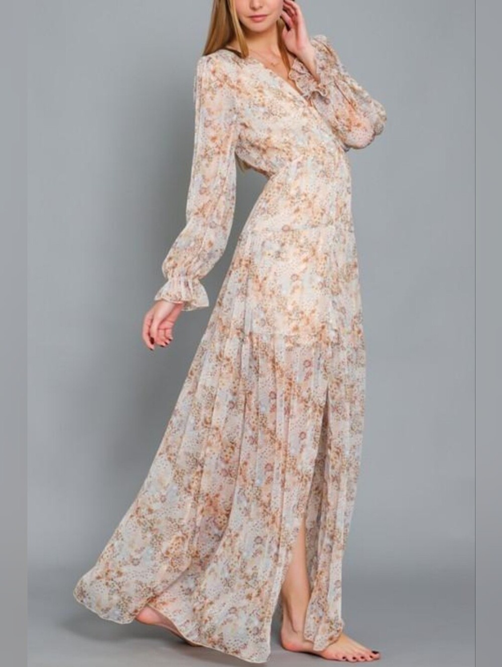 Romantic Flowy Floral Cream Tiered Chifon Maxi Dress Soft Pastel / Brown Accents